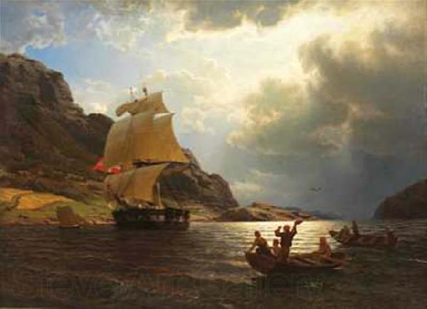Hans Gude Hjemvendende hvalfangerskip i en norsk havn Spain oil painting art